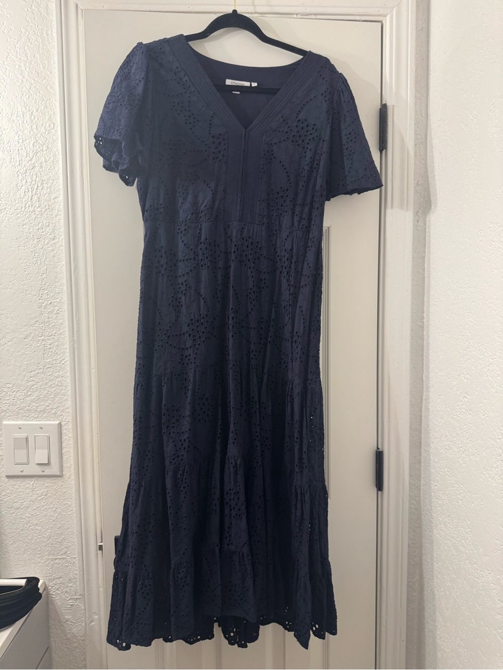 Chico's Navy Eyelet Midi Dress with V-Neck
